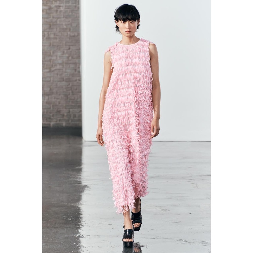 Zara Bloggers Favorite Pink Fringe Midi Dress Size Medium